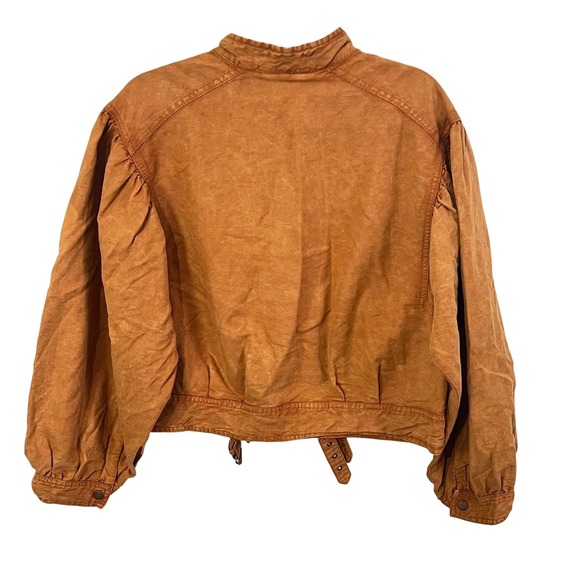 Free People Poet Puff Sleeve Bomber Jacket Orange Oversized Linen Blend Size M - Picture 4 of 7